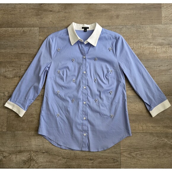 ANN TAYLOR Women's Blue Poplin Button Up Rhinestone 3/4 Sleeve Shirt Size 6 - Picture 1 of 7